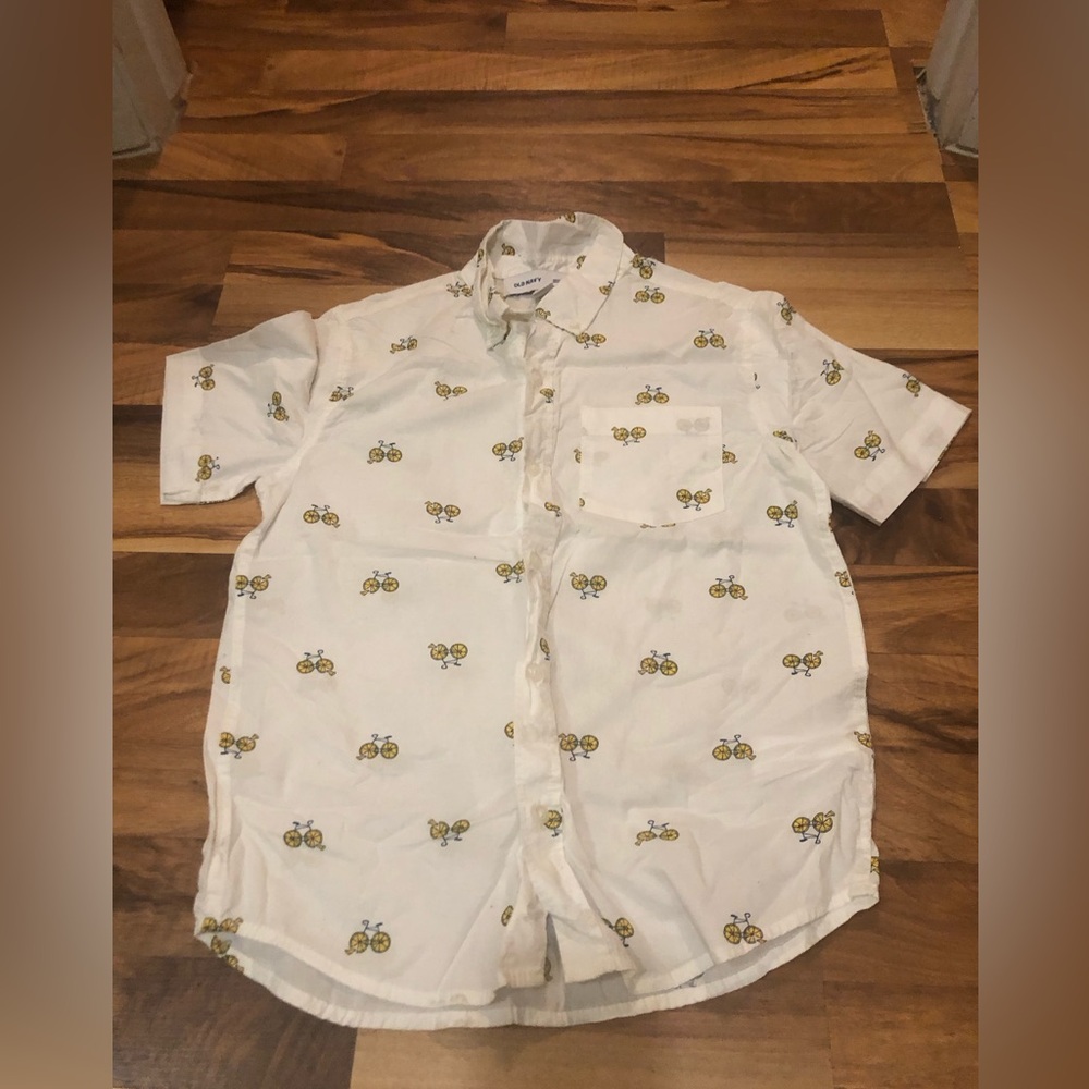 Old Navy Boys White Short-Sleeve Button-Down Shirt with Yellow Bicycle Print